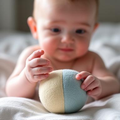 Baby reaching for a soft sensory play cube