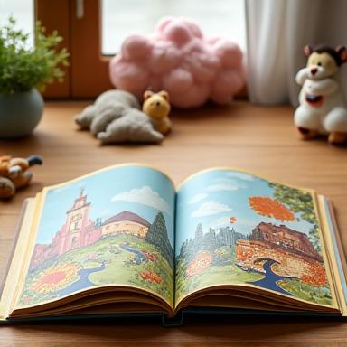Open storybook with colourful illustrations on a wooden surface