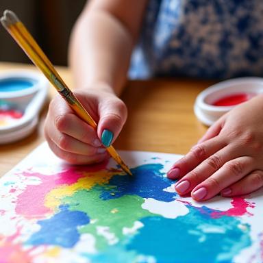 Child's hands painting with bright tempera paints