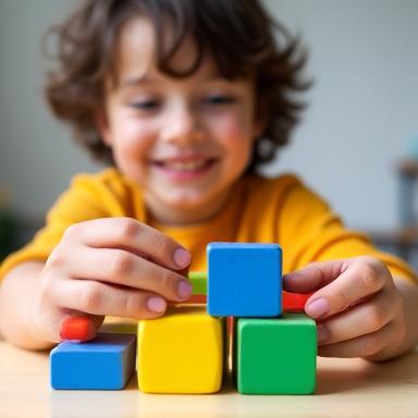 Child building with colourful wooden blocks