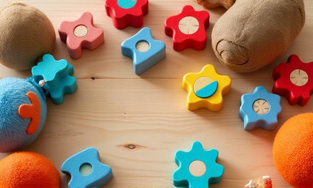 Assortment of colourful educational toys spread out on a wooden floor