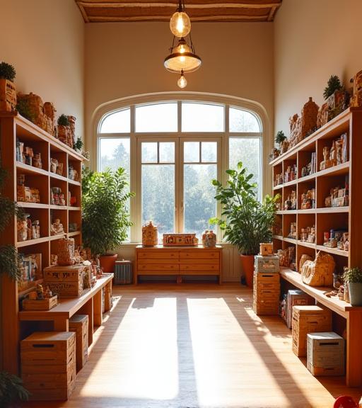 Cozy and welcoming interior of Gumnut Playthings toy store, with wooden shelves and natural light.